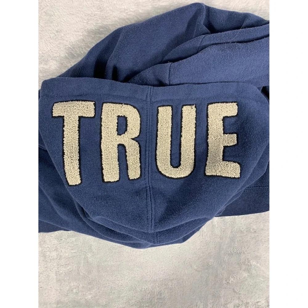 True Religion Men Size L Navy Blue Full Zip Hoodie Chenille Hood Logo